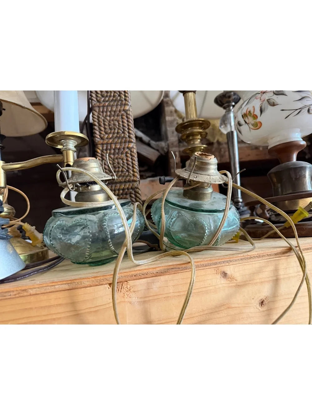 Pair of Vintage Glass Oil Lamp Bases with Brass Fittings